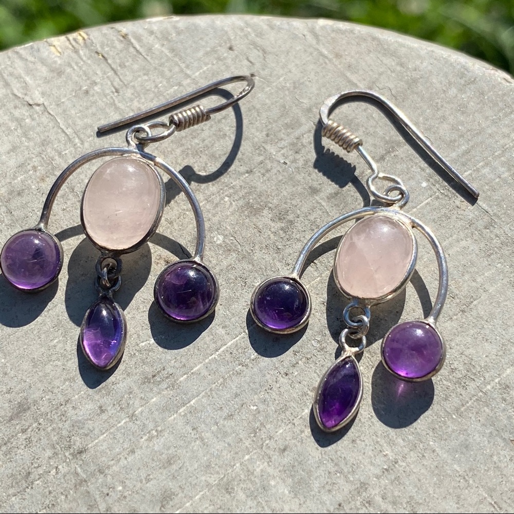 Sterling Rose Quartz Amethyst Earrings